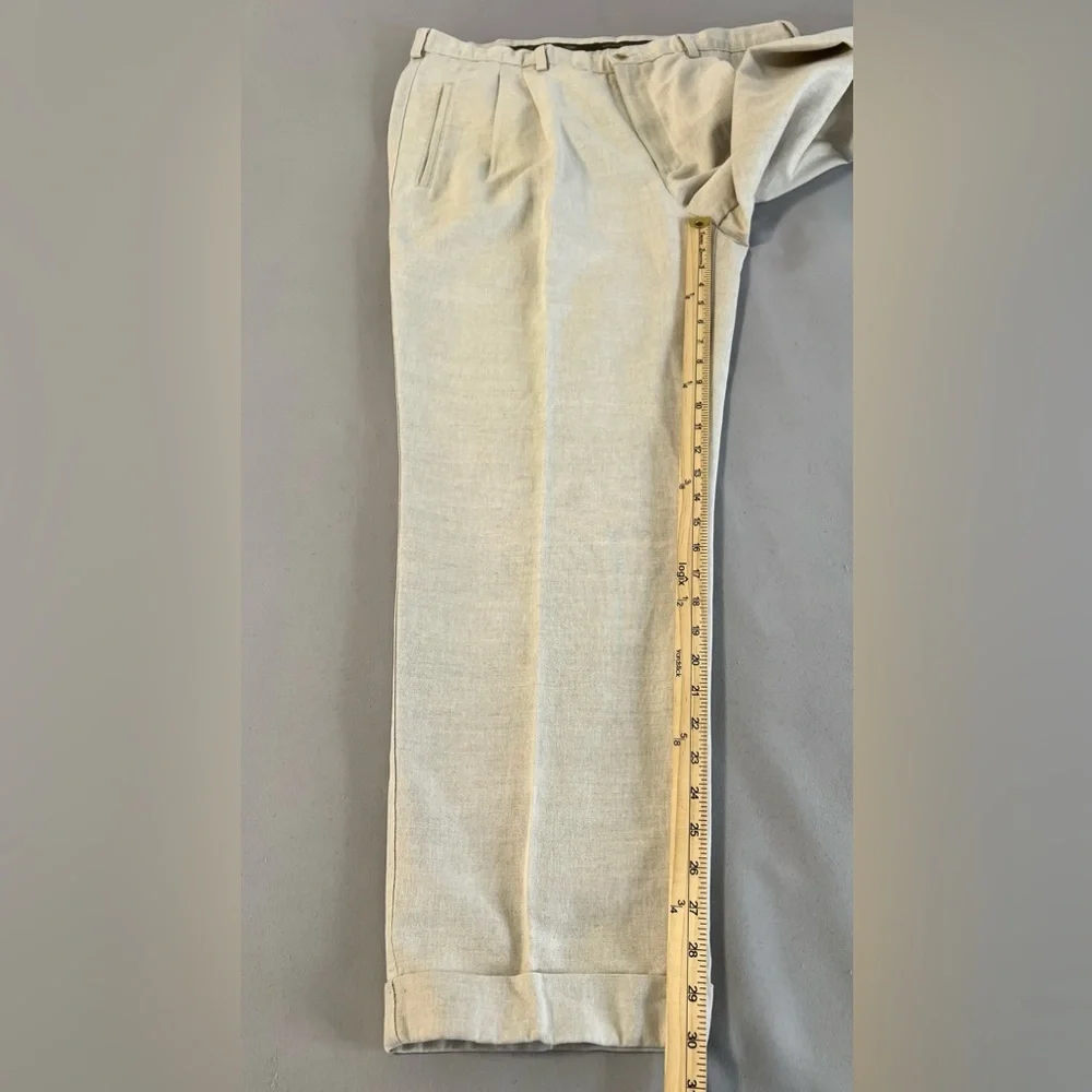 Savane RN 21201 Beige Pleated &‎ Cuffed Men's Cotton Linen Pants W40 30L